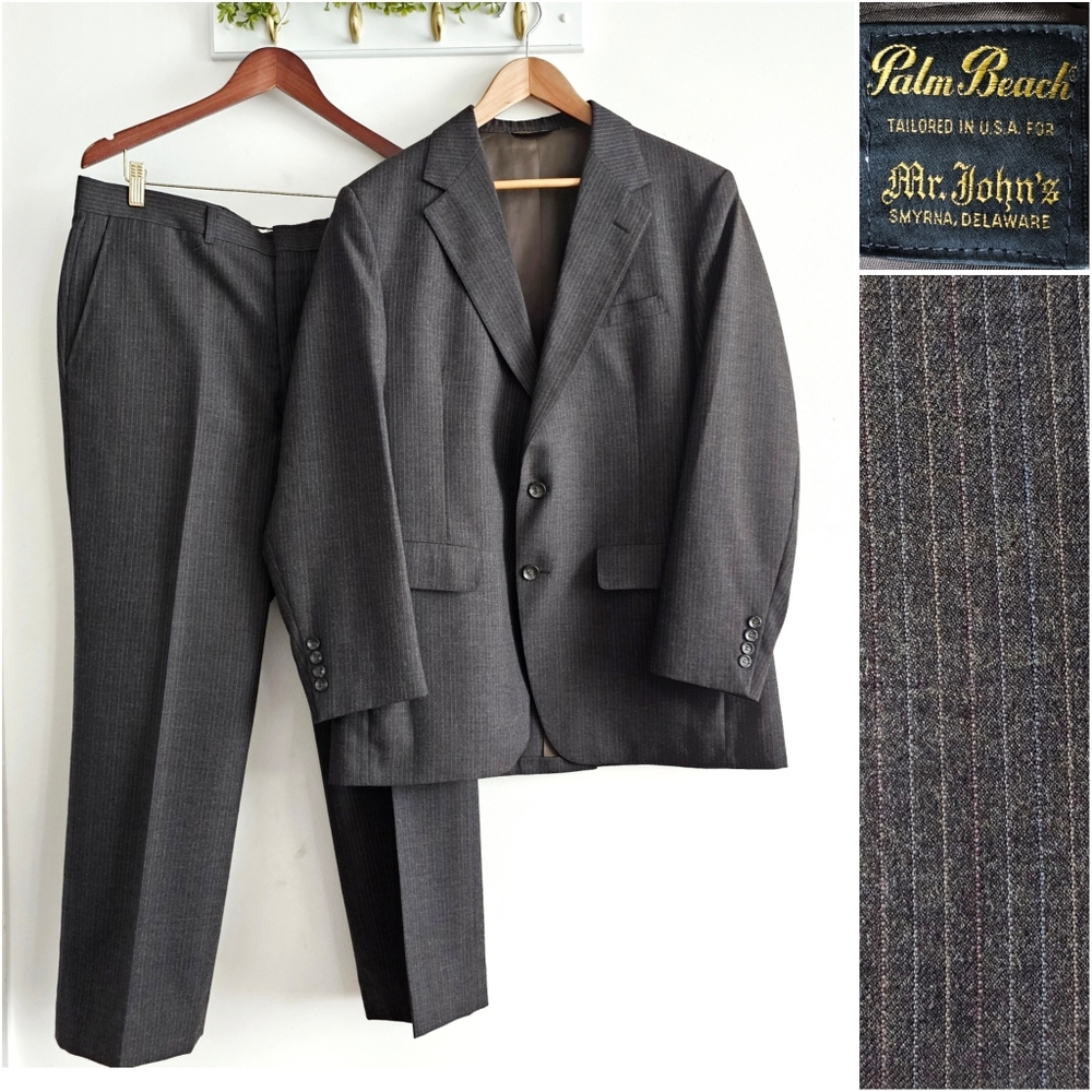 Vintage 70's Palm Beach Wool Pinstripe Suit 42R 37x27 Union Made USA Mr Johns